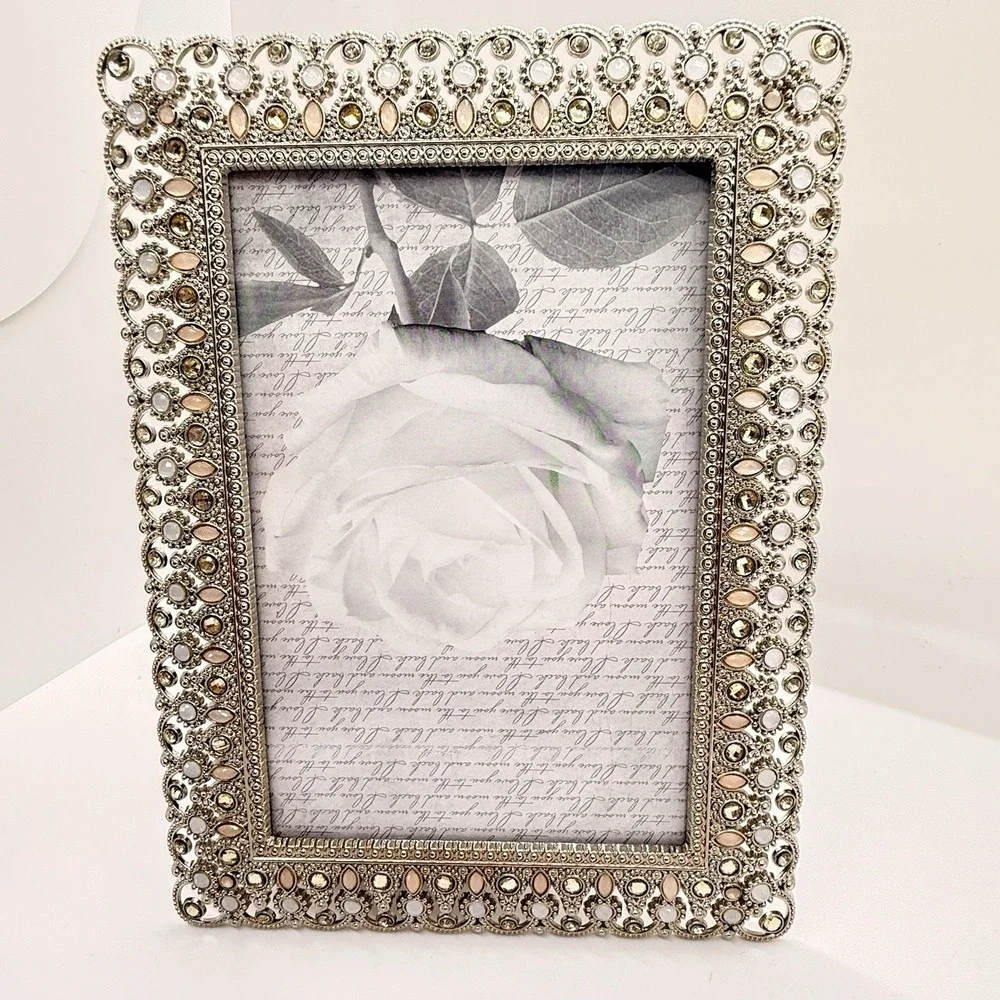 Pair Jeweled 4x6 Picture Frames Enamel Rhinestone Pearl Hollywood Regency